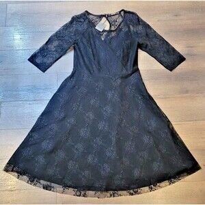 NWT Black Dress SZ 12 Floral Lace Midi Whimsigoth Witchy Goth A-Line Stretchy